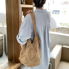 Hnewly  Summer Beach Straw Handbag Eco Friendly Handmade Woven Cotton Crochet Tote Bags Purse Vacation Shoulder Bag