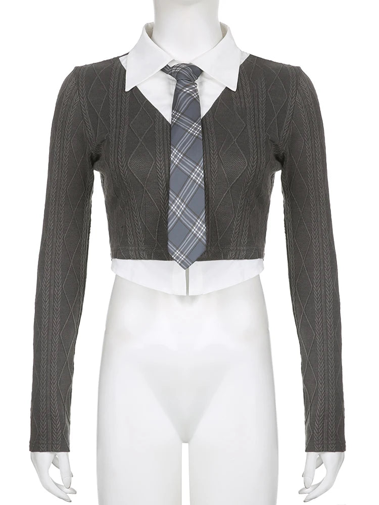 Hnewly BACK TO SCHOOL OUTFIT Preppy Style Lapel Patchwork T-Shirt and Tie Japanese JK Casual Crop Tops Women Long Sleeve Knitted Tee Shirts Korean