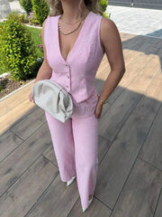 Hnewly  Striped Sleeveless V-Neck Button Front Top And Patch Pocket Wide Leg Pants Two-Piece Set