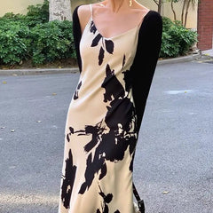 Hnewly  Women's Elegant Satin Slip Dress with Black Ink Floral Print V Neck Spaghetti Strap Maxi Dress for Party and Daily Wear
