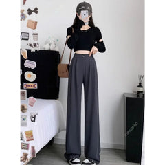 Hnewly New Women’s Wide Leg Pants Women Korean Style High Waist Black Trouser Office Ladies Fashion Loose Grey Suit Trousers Streetwear