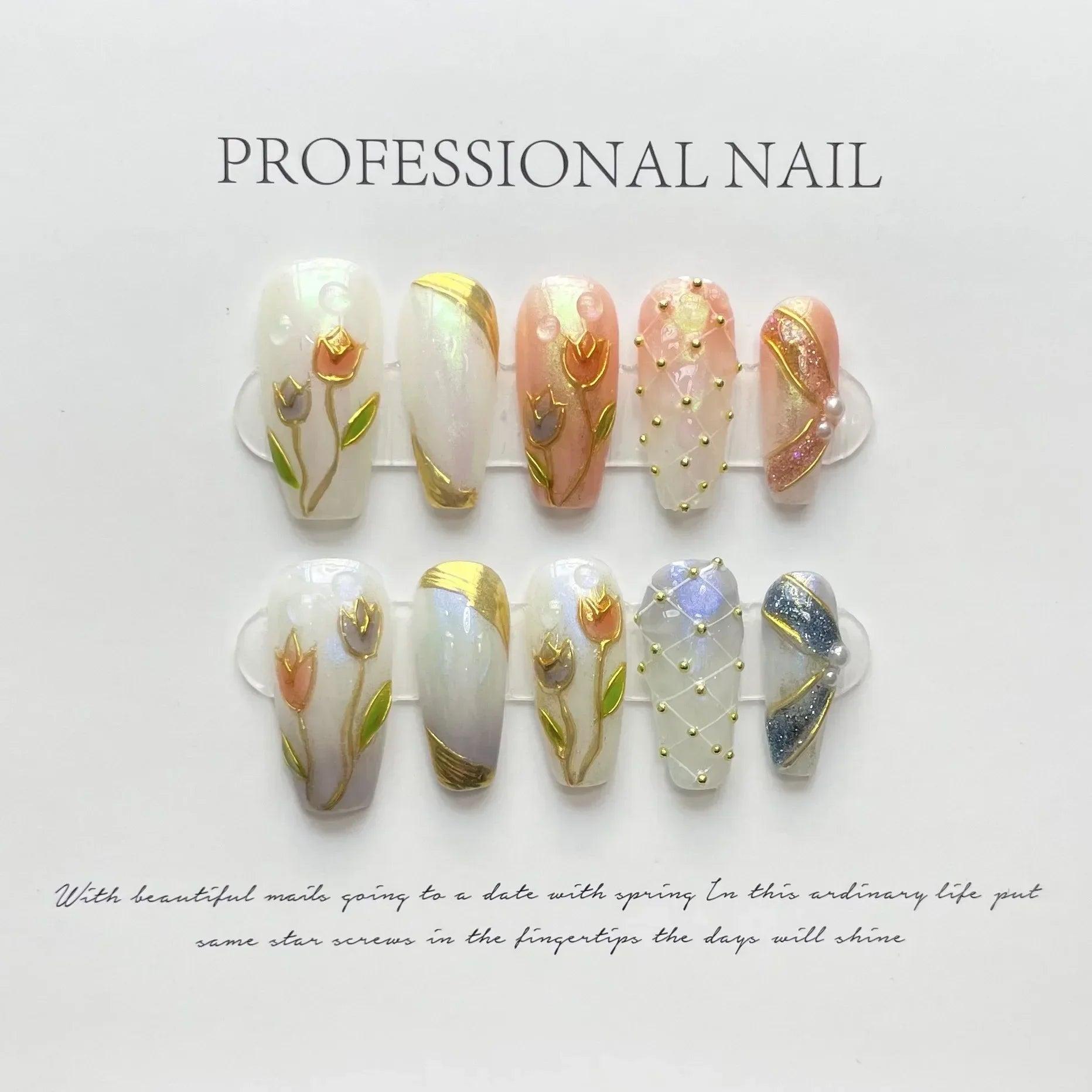 Hnewly 10Pcs Handmade Press on Nails Long Ballet Blue Fake Nails with 3D Ocean Moon Rhinestone Design False Nails Full Cover Nail Tips
