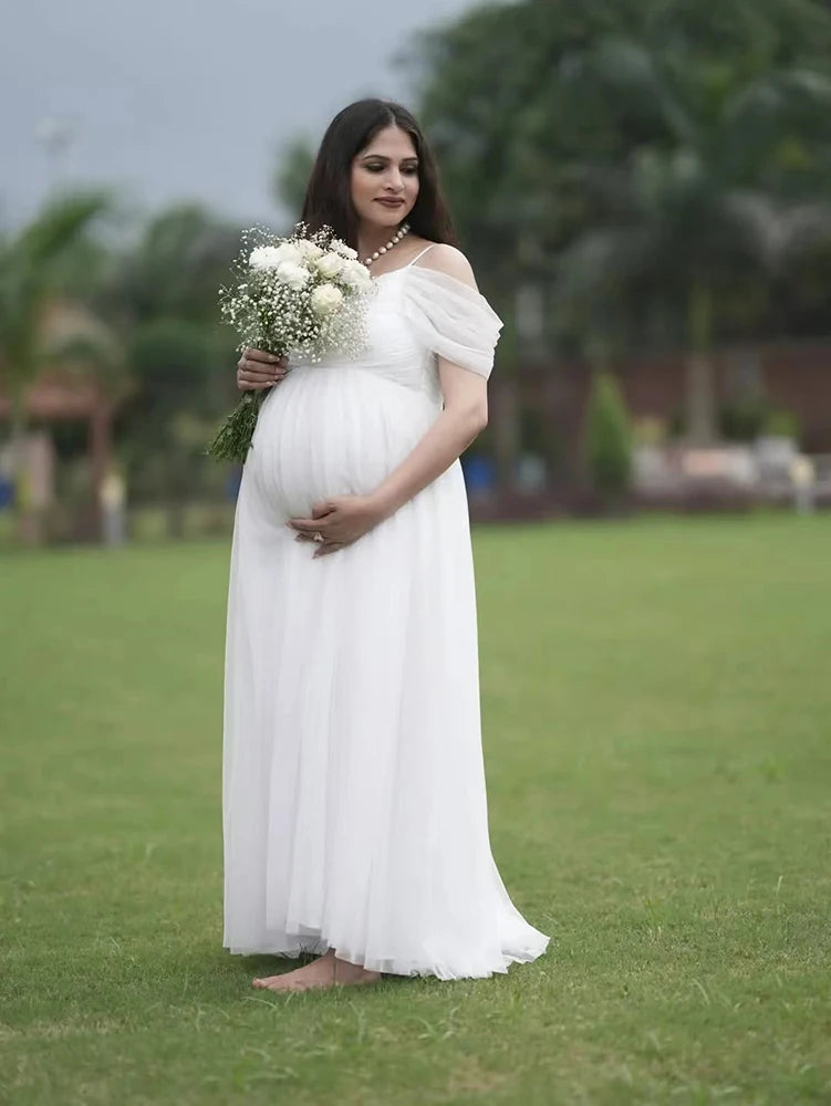 Hnewly  Elegant White Maternity Photoshoot Dress Off Shoulder Chiffon Maxi Gown Pregnancy Photography Outfit Baby Shower Studio Wear