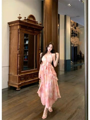 Hnewly  Dresses Women Ruffles Patchwork Sleeveless Halter Tie Dye Slim Summer Fashion Elegant Temperament Dress Party Holiday