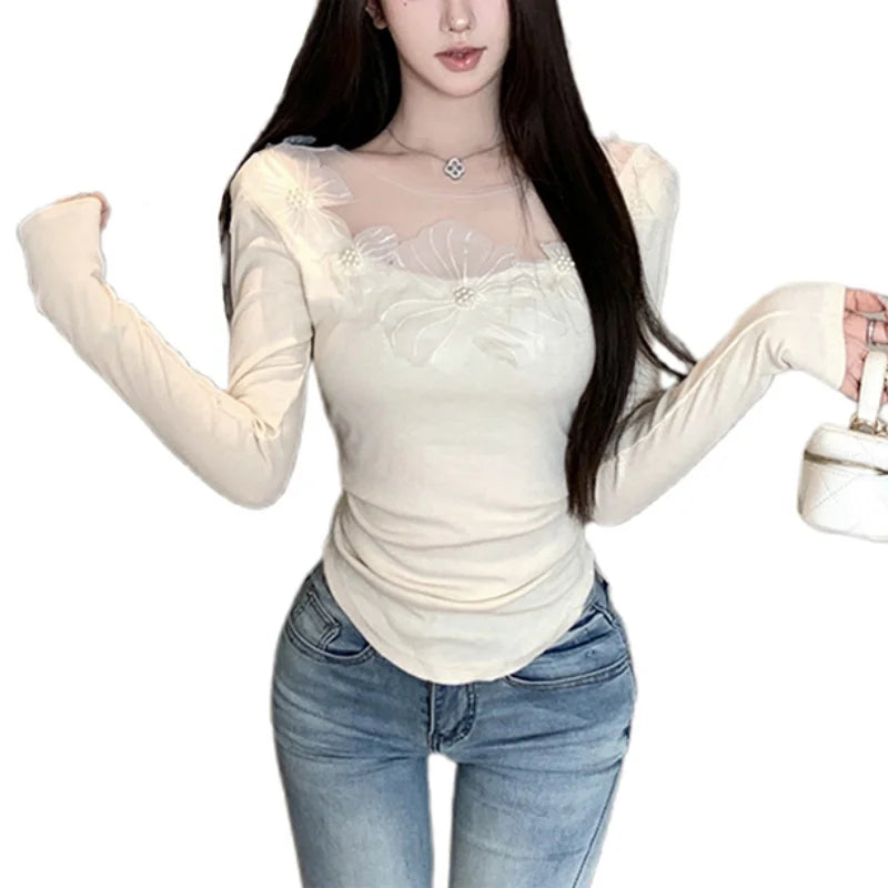 Hnewly y2k Fairycore Top Women Clothes 3D Flower Round Neck Long Sleeve Asymmetrical Hem T Shirt 2000s Clothing Streetwear
