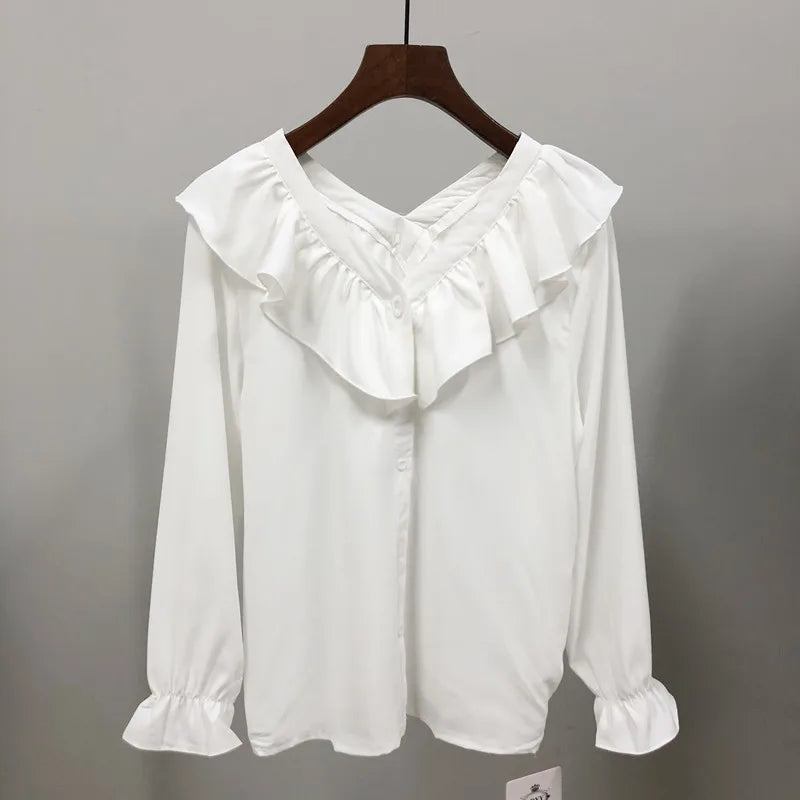 Hnewly Shirts Women Solid Ulzzang Loose Temperament Ruffles Long-Sleeve Top Fashion Streetwear New Office Lady Korean Style All-match