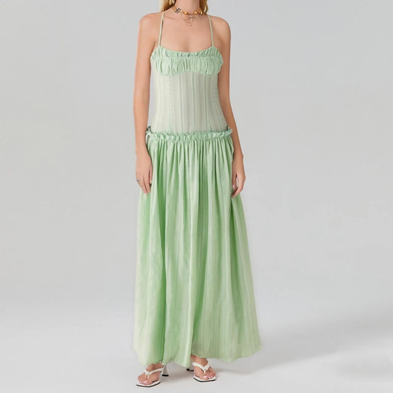 Hnewly  Women Y2K Maxi Dress Elegent Spaghetti Strap Square Neck Pleated Front Flowy Long Dress Summer Backless Ruched Ruffle Hem Dress