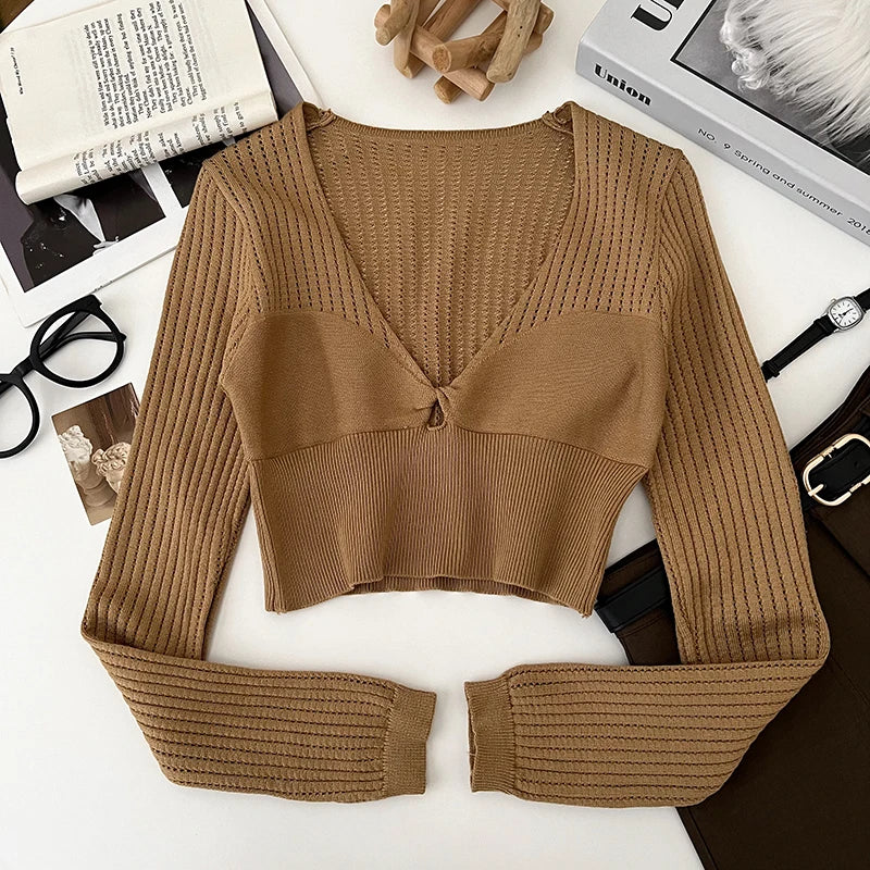 Hnewly  Rib Knit Crop Top with Keyhole Criss-Cross Front Long Sleeve V-Neck Short Sweater Pullovers Women Teen-girl Y2K 90s Outfit