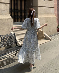 Hnewly  Woman Dress Sweet Floral Printed Puff Short Sleeve Vintage French Style Summer Fashion Casual Female Elegant Dresses