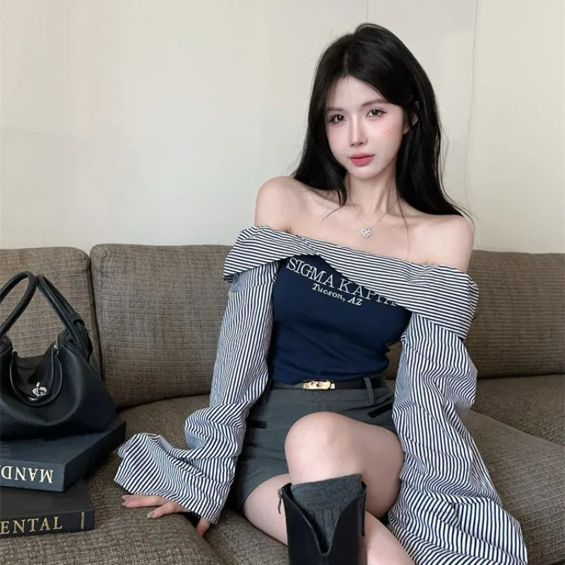 Hnewly  American Retro Striped Slim Fit Shirts Women Y2k Off Shoulder Long Sleeved Blouses Korean Fashion Letter Print Tops Mujer