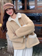 Hnewly  Women Faux Lamb Suede Jacket Winter Warm Long Sleeve Sweet Cotton Coat Korean Pockets Female Thick Vintage Outwear Tops