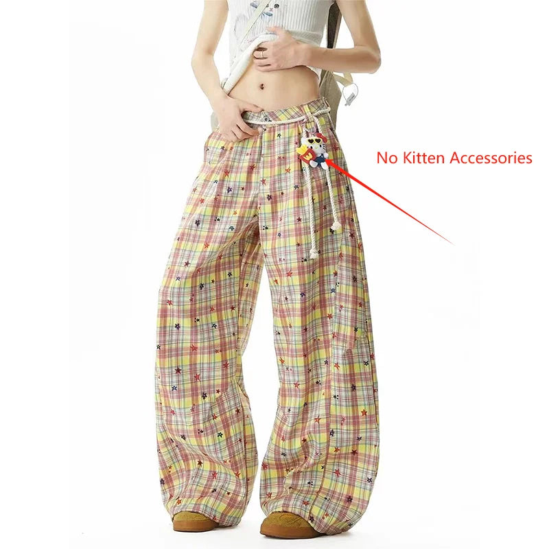 Hnewly Retro Plaid Patchwork Casual Pants Women Summer High Waist No Pendant Loose Wide Leg Pants Y2K Korean All Match Jogging Trousers