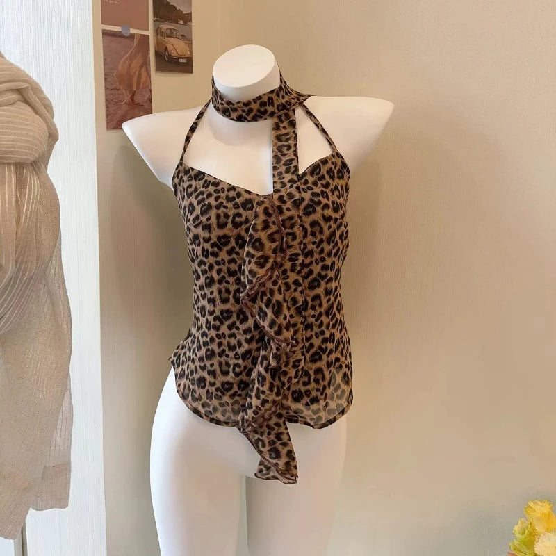 Hnewly 2000s Vintage Leopard Vest Women Casual Y2k Crop Tops Sexy Female Outwear Summer Korean Fashion Elegant Tank Tops Blouse Shirt