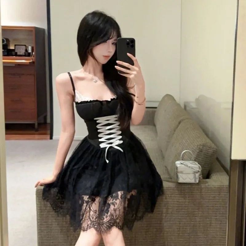 Hnewly  Woman Dress Bandage Sleeveless Slim Lace Patchwork Mesh Ribbon Backless Sweet Elegant Party Mini Dresses Female