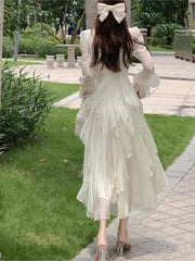 Hnewly  New Vintage Fairy Chiffon Long Dress Women White Elegant French Party Midi Dress Puff Sleeve Casual Women's Clothing