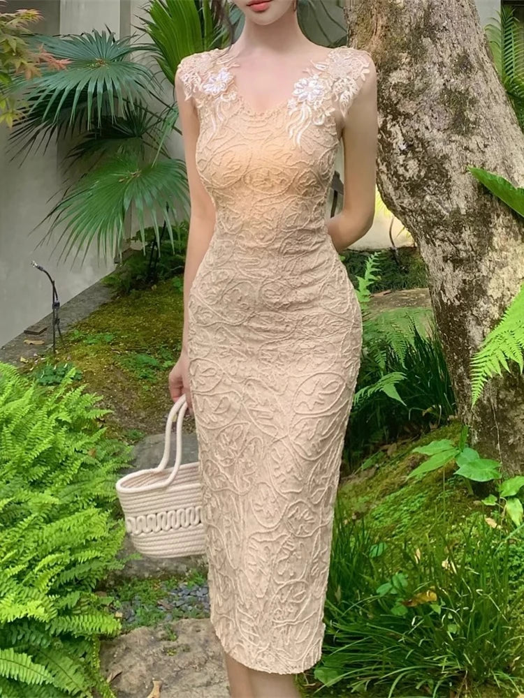 Hnewly  Women Dress Lace Patchwork Sleeveless Slim Split V Neck Summer Fashion Sexy Elegant Temperament Party Dresses Female