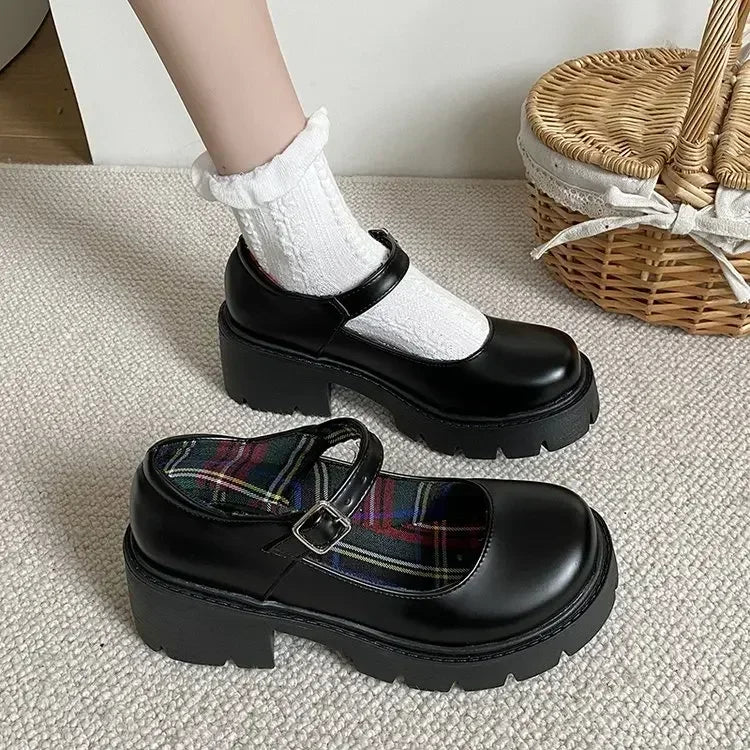 Hnewly Platform Heels Mary Jane Shoes Simple Lolita Black Platform Heeled Shoes Student College Sweet Medium Heel Women Single Shoes