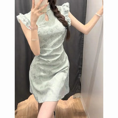Hnewly  New Chinese Style Dress Women's Summer Chinese Style Cheongsam Elegant High-grade Tight Waist Green Short Dress