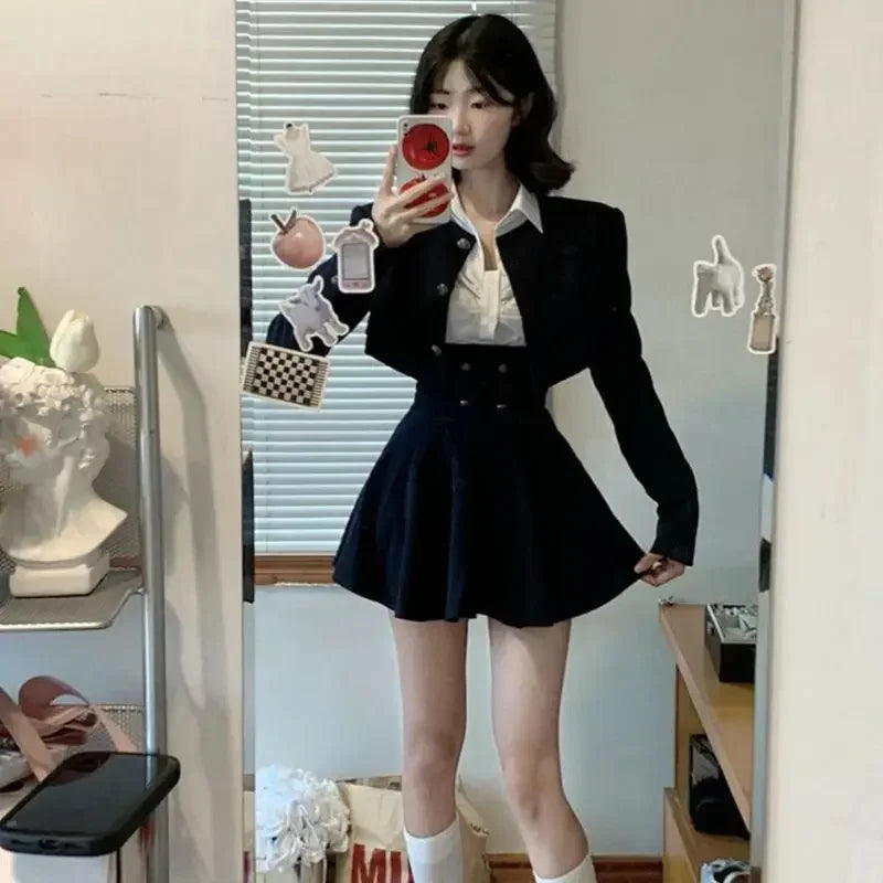 Hnewly spring birthday outfit Preppy Style Vintage Fashion Suit Woman White Shirt + Short Coat High Waist Slim Y2k Mini Dress Japanese Elegant Set 2025 Chic