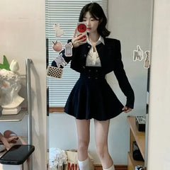 Hnewly spring birthday outfit Preppy Style Vintage Fashion Suit Woman White Shirt + Short Coat High Waist Slim Y2k Mini Dress Japanese Elegant Set 2025 Chic