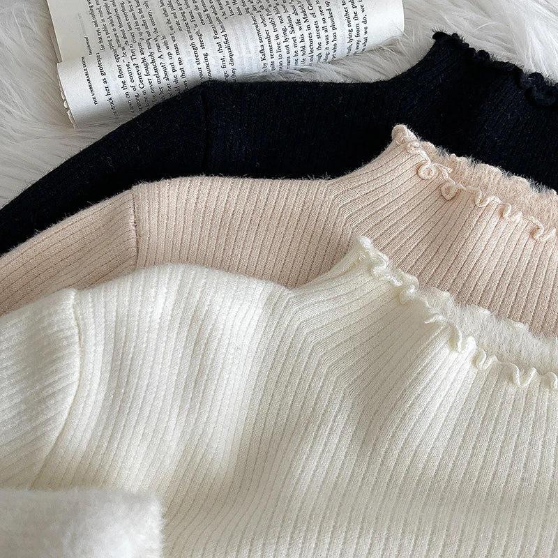 Hnewly  Lace Edge Half High Collar Sweater Autumn Winter New Women's Long Sleeve Top Warm Solid Color Slim Basic Knit Pullover