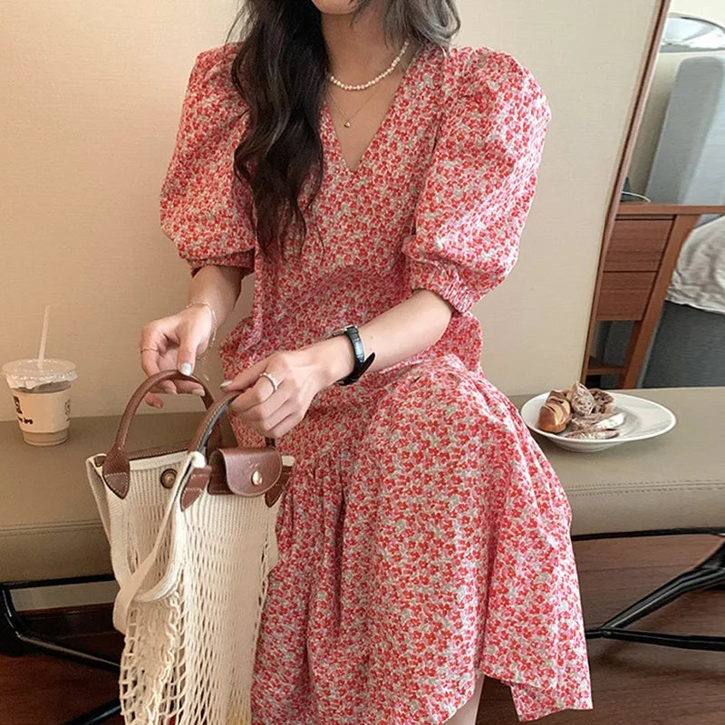 Hnewly Puff Sleeve Aesthetic Dresses for Women Summer Floral Printing Draped V-neck Harajuku Korean Style Spliced Sweet Girlish Retro