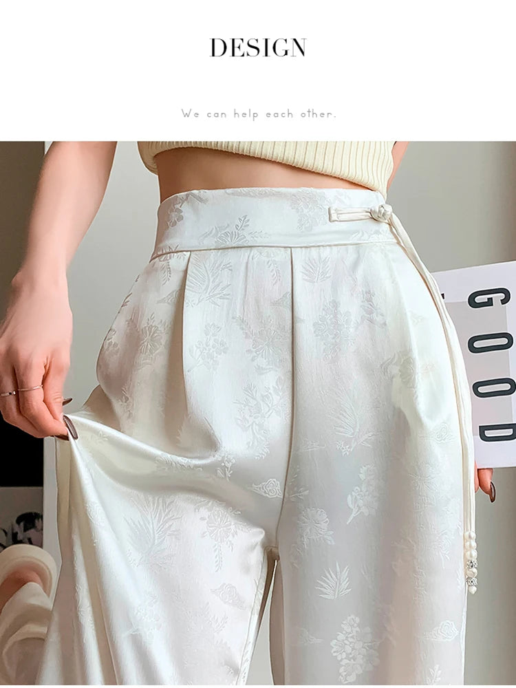 Hnewly New 2024 Spring Summer Wide Leg Loose Pants For Women Black Or White Color Chinese Style High Waist Jacquard Trousers Women