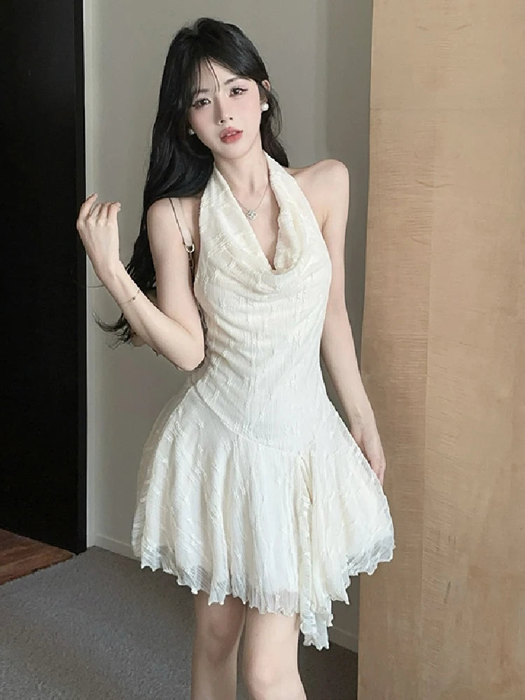 Hnewly  Woman Dress Sleeveless Halter Swinging Collar Backless Sweet Slim Sexy Elegant Party Mini Dresses Female Clubwear