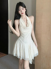 Hnewly  Woman Dress Sleeveless Halter Swinging Collar Backless Sweet Slim Sexy Elegant Party Mini Dresses Female Clubwear