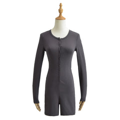 Hnewly  Sexy outfit women button up one pieces bodycon bodysuit long sleeve knitted black romper women Summer bodys mujer black