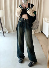 Hnewly Women's Harajuku Style Loose Wide Leg Jeans Autumn Winter Street Fashion Retro Straight Loose Denim Trousers ﻿