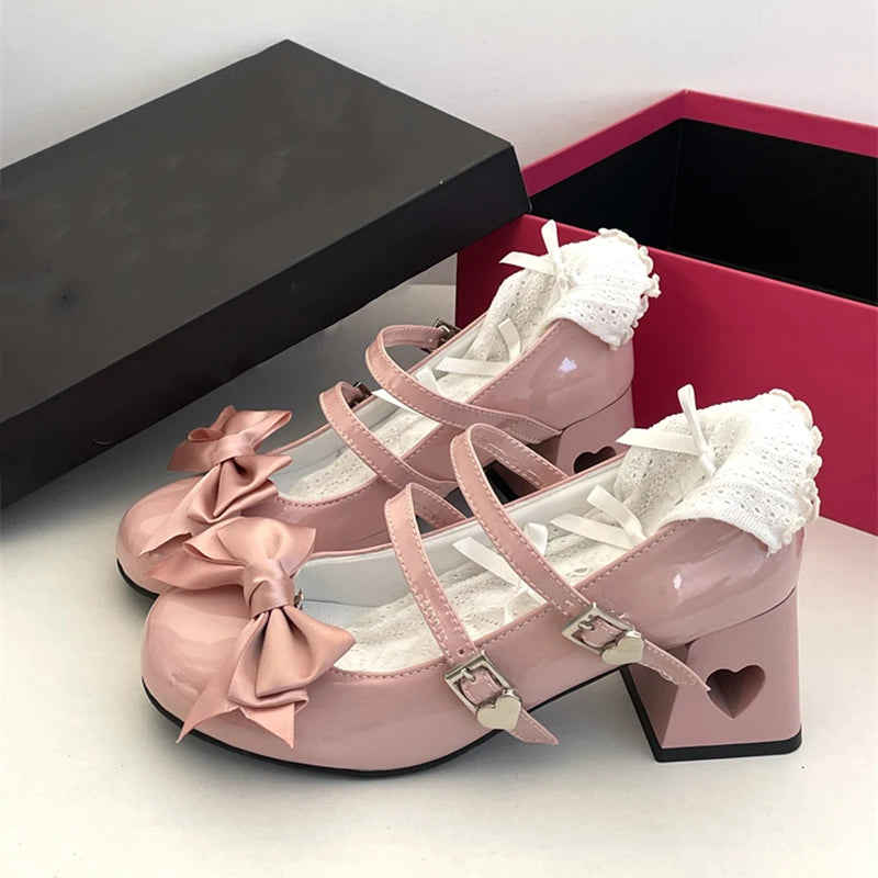Hnewly Pink Mary Jane Lolita Shoes Women Autumn Y2K Patent Leather Low Heels Pumps Woman Silk Bowtie Ankle Straps Party Shoes