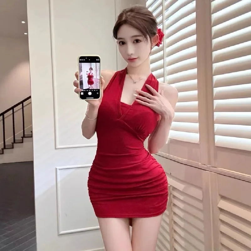 Hnewly  Woman Dress Sleeveless Sexy Halter Slim Backless Bow Backless Solid Elegant Summer Fashion Party Mini Dresses Chic