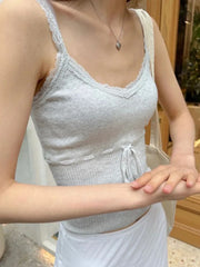 Hnewly  Drawstring Knitted Cropped Tank Top Woman Sleeveless Lace Trim Cotton Thin Vest Summer Sweet Solid Simple Basic Crop Tops Y2k