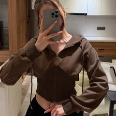 Hnewly  Y2k Aesthetic Vintage Cropped Drawstring Hoodies Autumn Grunge Dual Zippers Hoody Streetwear Cropped Sweatshirt Jackets