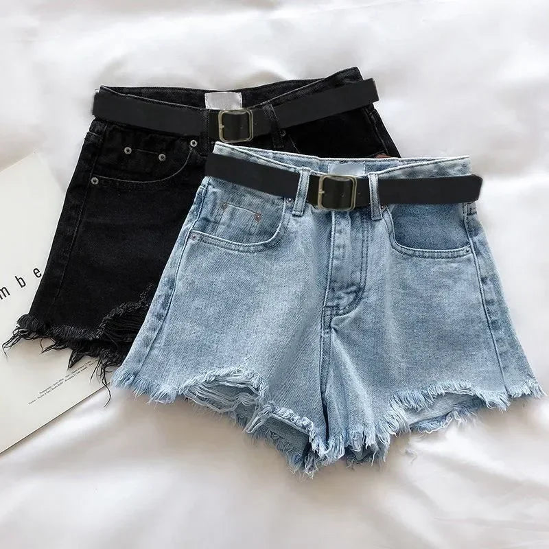 Hnewly summer inspo Women High Street Denim Shorts With Belt Casual High Waist A-line Jean Shorts Female Office Trousers Streetwear Summer