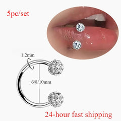 Hnewly  5pc Stainless Steel Rhinestone Ball Spiral Lip Ring Punk Style C-Type Lip Stud,for Women with Daily  Party Wear Jewelry Gifts