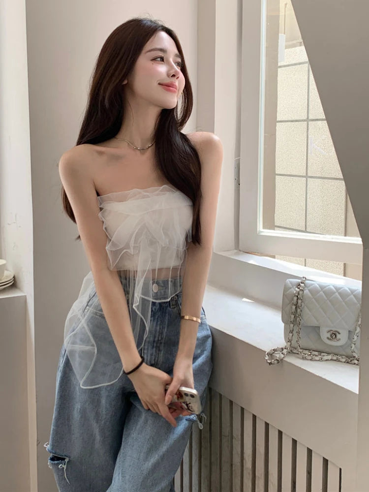 Hnewly Women Gauze Sweet Girl Strapless Korean Style New Crop Tops Ins Summer Slim Fashion Sexy Hot Lady Fit Club Wear Aesthetics