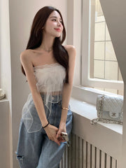 Hnewly Women Gauze Sweet Girl Strapless Korean Style New Crop Tops Ins Summer Slim Fashion Sexy Hot Lady Fit Club Wear Aesthetics