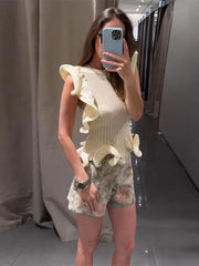Hnewly  Elegant Wave Knitted Women's Vest Fashion O-Neck Sleeveless Waist-Closed Tank Tops Summer Chic Solid Female Streetwear