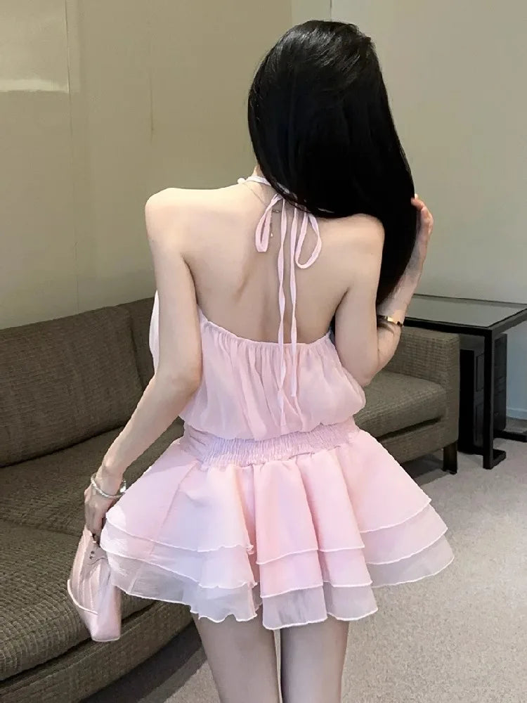 Hnewly  Mini Dresses Women Pearl Halter Sleeveless Bandage Slim Backless Hollow Out Sweet Elegant Party Dress Female Casual