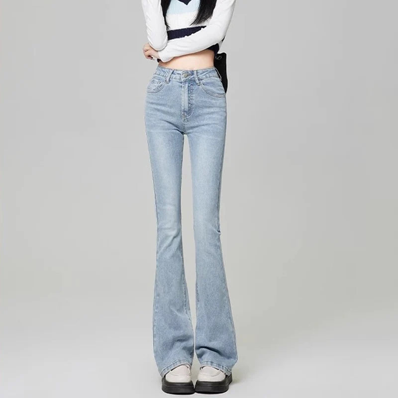 Hnewly  Streetwear High Waist Bootcut Jeans for Women Retro American Slimming Flare Pants Woman Basic Elastic Denim Trousers Mujer