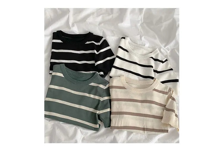 Hnewly  Vintage Stripe Knitted T-Shirt Women's Spring Summer New Fashion All-matched O- Neck Short Sleeve Slim Short Shirt Tops