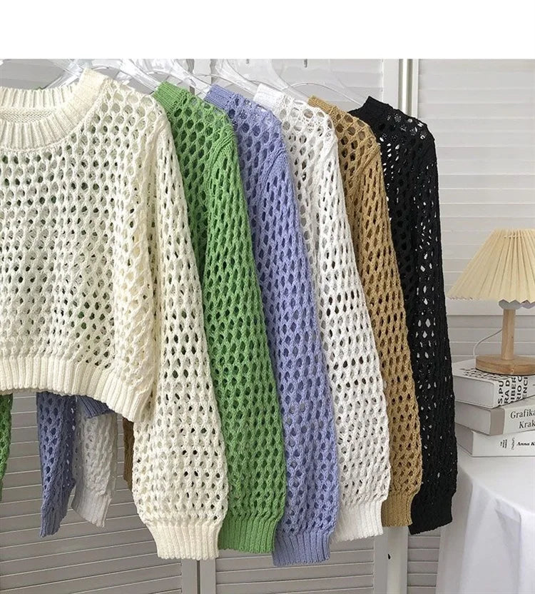 Hnewly Hollow Sun Protection Shirt Women's Summer Loose Pullover O-Neck Puff Long Sleeve Air Conditioning Knitwear Korean Retro Top