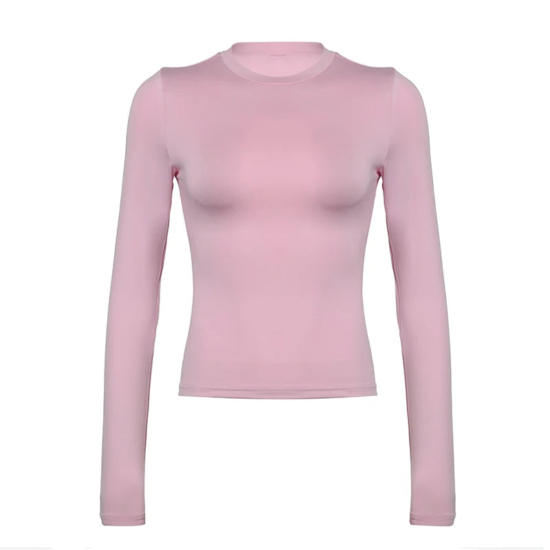 Hnewly Solid Basic Skinny T-shirt Casual Slim-fitting Crewneck Cropped Top Women Full Sleeve Cute Coquette Pink Tee y2k Vintage