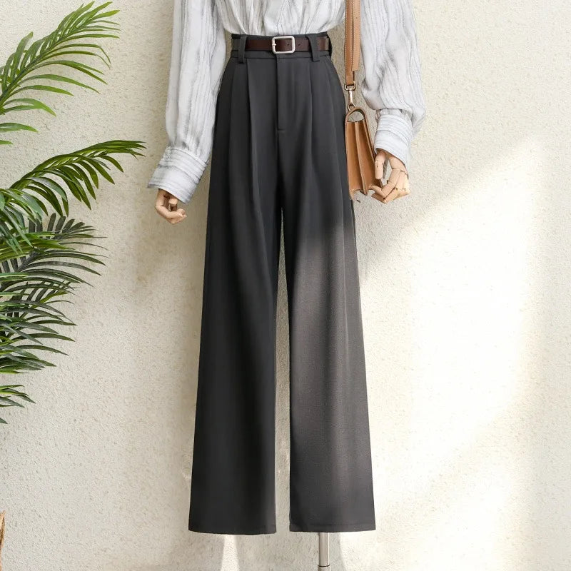 Hnewly Spring 2025 New Burgundy Suits Pants for Women Office Lady Elegant High Waist Wide Leg Fashion Trousers with Pockets Black Gray