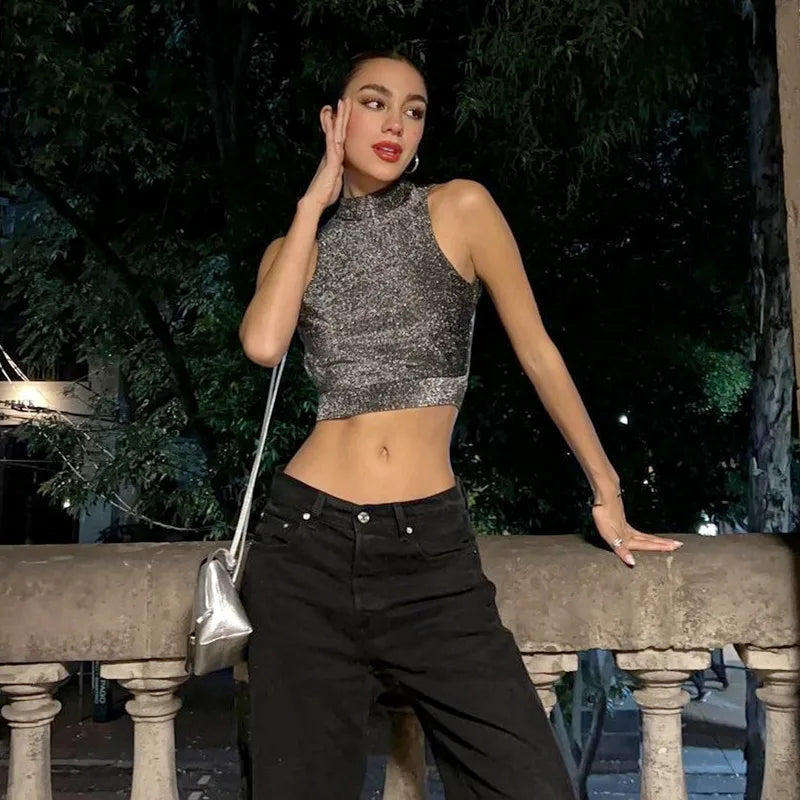 Hnewly Sexy Women Backless Tank Top Y2K Bling Glitter Sleeveless Bandage Crop Tops Summer Girl Fashion Streetwear Skinny Vest
