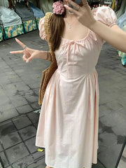 Hnewly  Woman Dress Sweet Square Collar Drawstring Square Collar Short Sleeve Summer Fashion Princess Female Elegant Dresses