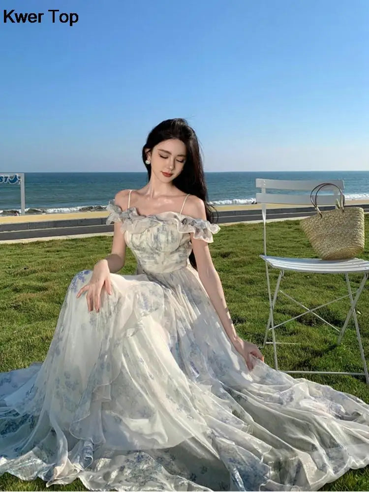 Hnewly Fashion Bohemian Print Long Dresses France Elegant Ruffles Strap Beach Holiday Vestidos Summer Korean A-line Robe Women