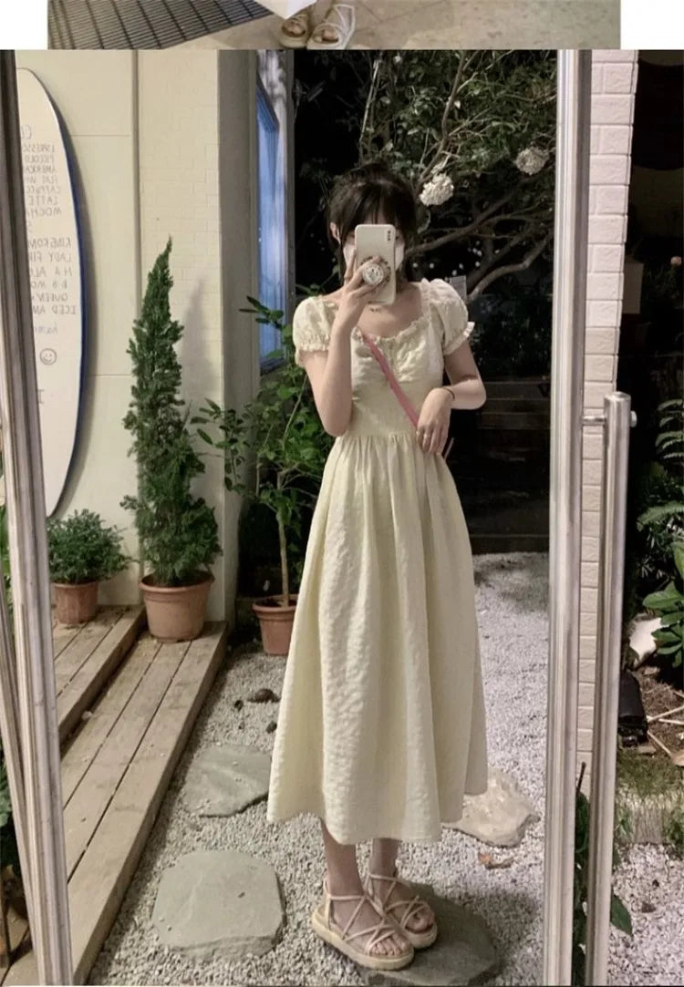 Hnewly  Woman Dress Puff Short Sleeve Square Collar Ruffles Patchwork Sweet Elegant Fashion Princess Female Casual Dresses